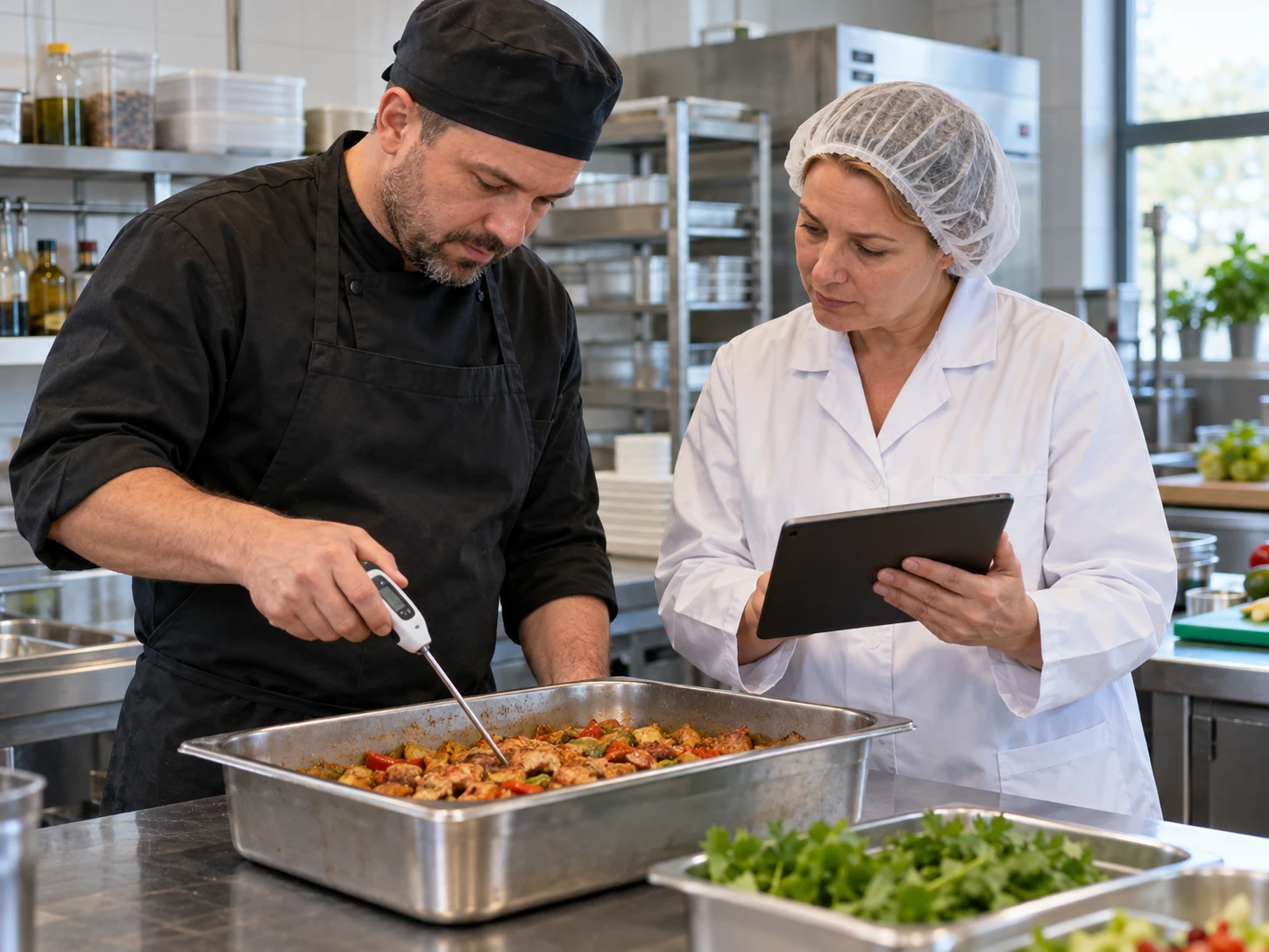 HACCP-adviseur en kok controleren samen de voedseltemperatuur in een professionele keuken